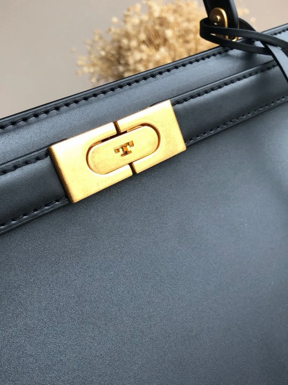 Tory Burch Black Leather Top-Handle Satchel with Gold Hardware